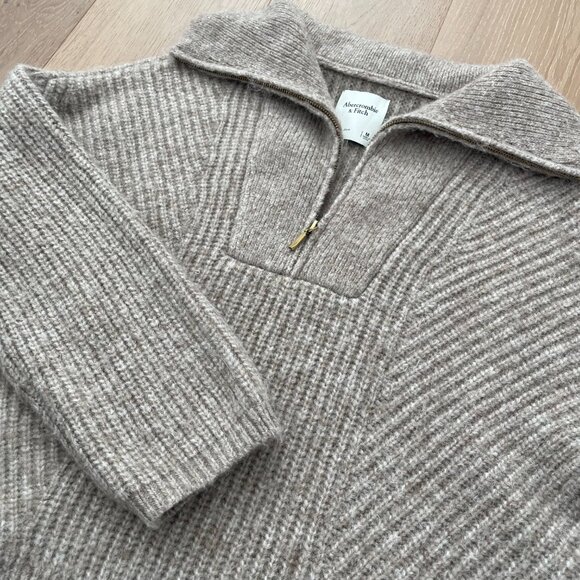 Abercrombie & Fitch Sweater Women Medium Quarter Half Zip Brown Tan Chunky Knit - Picture 4 of 13